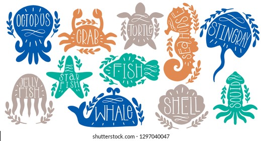 Sea animals marine set text lettering. Ocean shape fish,octopus,crab,turtle,starfish,seahorse,jellfishstingrayshellwhale Vector illustration