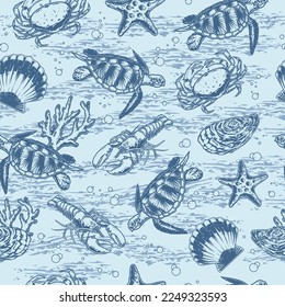 Sea animals monochrome pattern seamless crayfish and turtles underwater near mussels and coral living on ocean floor vector illustration