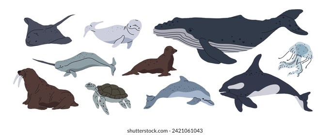 Sea animals. Ocean fauna, whale, orca, turtle, jellyfish and seal, hand drawn underwater animals flat vector illustration set. Wild nature aquatic animals collection