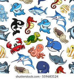 Sea animals and ocean fish seamless pattern of vector whale, shark and dolphin, octopus and squid, turtle and stingray, hammerhead and swordfish, seahorse and crab with tuna, cachalot and killer whale