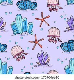 Sea animals  ocean seamless pattern. Shell aquarium background with fish, corral, shells, jellyfish, starfish and algae. Nautical marine illustration