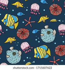 Sea animals  ocean seamless pattern. Shell aquarium background with fish, corral, shells, jellyfish, starfish and algae. Nautical marine illustration
