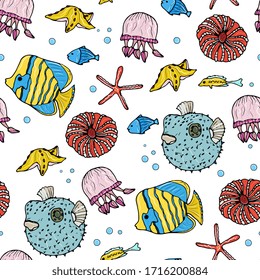 Sea animals  ocean seamless pattern. Shell aquarium background with fish, corral, shells, jellyfish, starfish and algae. Nautical marine illustration