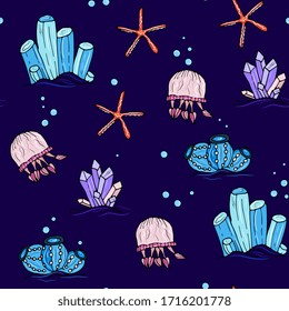 Sea animals  ocean seamless pattern. Shell aquarium background with fish, corral, shells, jellyfish, starfish and algae. Nautical marine illustration