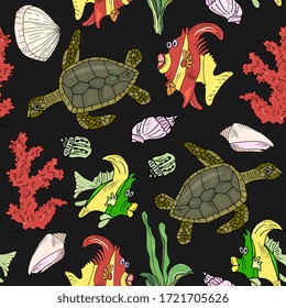 Sea animals  ocean seamless pattern fish, turtle and coral. Shell aquarium background. Nautical marine illustration