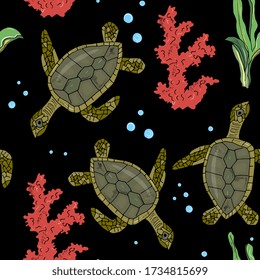 Sea animals  ocean seamless pattern  turtle and coral. Shell aquarium background. Nautical marine illustration