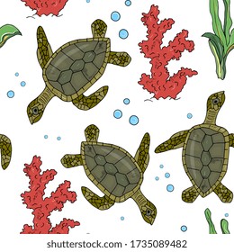 Sea animals  ocean seamless pattern  turtle and coral. Shell aquarium background. Nautical marine illustration