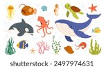 Sea animals. Ocean underwater aqua life. Marine wild animal. Childish tropical colorful fish, coral, algae and exotic elements. Funny whale, starfish, octopus, shrimp. Vector set.