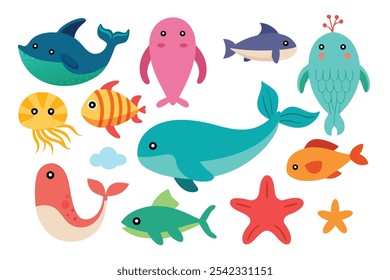 Animales marinos. Vida acuática submarina del océano. Animal salvaje marino. Peces coloridos tropicales infantiles, coral, algas y Elementos exóticos fijan la Ilustración vectorial plana sobre fondo blanco