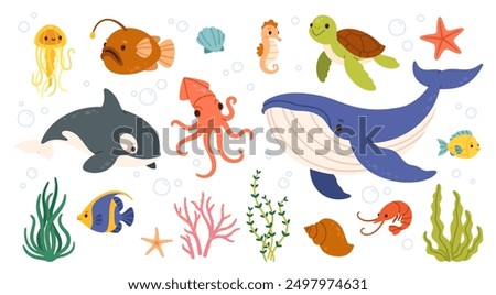 Sea animals. Ocean underwater aqua life. Marine wild animal. Childish tropical colorful fish, coral, algae and exotic elements. Funny whale, starfish, octopus, shrimp. Vector set.