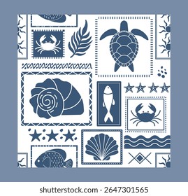 Sea animals and ocean-themed symbols in a patchwork layout with a nautical style on a white background. Concept of marine life and summer vacation. Vector illustration