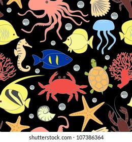 Sea animals on black background, vector