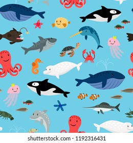 Sea animals on blue background pattern with whales and sharks, dolphins and octopus, vector illustration