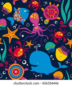 Sea animals on dark background. Seamless pattern. Vector illustration.