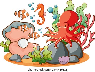 Sea animals on white background illustration