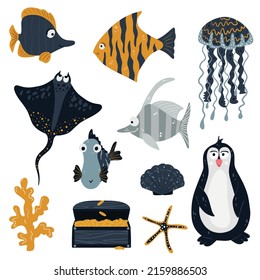 Sea animals on a white background. Cute and funny Inhabitants of the marine underwater world. Vector illustration on a white background.