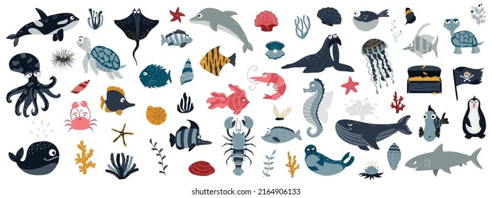 Sea animals on a white background. Cute and funny Inhabitants of the marine underwater world, fish, dolphins, sharks, shrimps, algae, shells. Vector illustration on a white background.