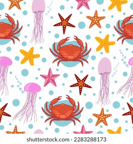 Sea animals on white vector background. Seamless pattern. Crab, jellyfish and seastars isolated on white.