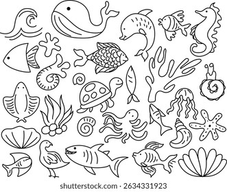 Sea Animals Outline doodle style hand drawn illustration, Set of ocean animals
