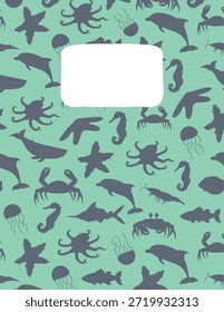 Sea Animals Pattern Background on Green for notebook cover. Vector illustration