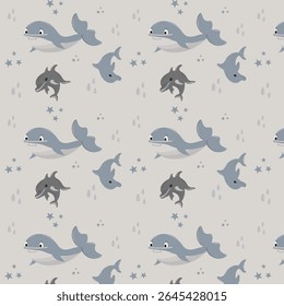Sea Animals Pattern with Hearts, cute seamless pattern with cute sea dolphins and sea animals, vector illustration