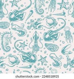 Sea animals pattern seamless monochrome shrimps and squids swim at bottom of ocean along with seahorses or starfish vector illustration