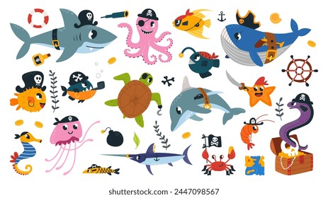 Animales marinos piratas. Personajes de aventuras submarinas con Elementos piratas. Divertido tiburón y pulpo, medusas y caballito de mar, elegante conjunto de Vector