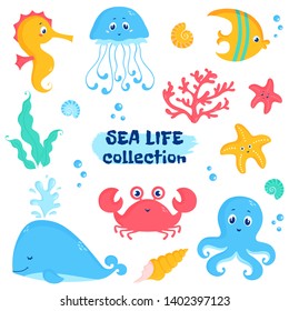 Sea animals and plants elements - whale, fish, crab, seahorse, octopus, starfish, jellyfish, shells, coral, seaweeds. Vector set of cute illustrations isolated on a white background.