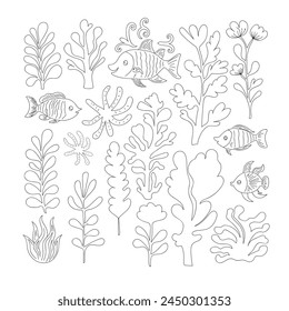 Animales marinos y plantas. Conjunto de planos de Vector de contorno. 