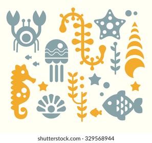 Sea animals and plants, set of sea elements in flat style, vector illustration collection