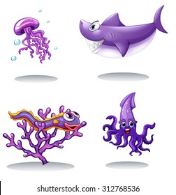 Sea animals in purple illustration