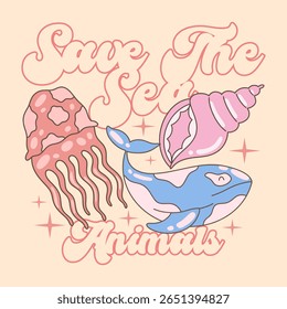 Sea animals quotes t-shirt designs bundle with groove style, Vintage aquatic animals graphic, Underwater animals design or print, Ocean conservation poster design