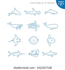 Sea animals related icons. Editable stroke. Thin vector icon set