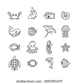 Sea animals related icons, vector icon set