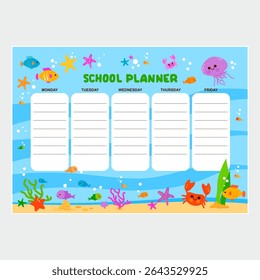 Sea animals school subject planner for kids. Cute underwater schedule, weekly sea floor and ocean theme timetable for children. Colorful fish calendar planner and scrapbook. Vector illustration