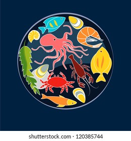 Sea animals seafood circle composition, vector background