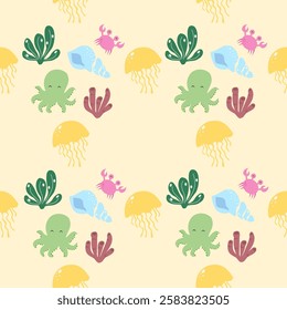 Sea animals seamless pattern background. Marine animals illustration pattern. Sea life background. Perfect for fashion clothes, shirt, fabrics, textiles, wallpaper, decor, print, packaging