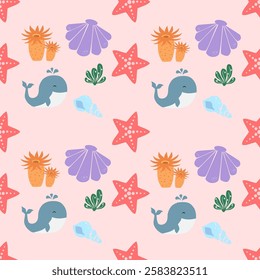 Sea animals seamless pattern background. Marine animals illustration pattern. Sea life background. Perfect for fashion clothes, shirt, fabrics, textiles, wallpaper, decor, print, packaging