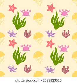 Sea animals seamless pattern background. Marine animals illustration pattern. Sea life background. Perfect for fashion clothes, shirt, fabrics, textiles, wallpaper, decor, print, packaging