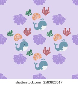 Sea animals seamless pattern background. Marine animals illustration pattern. Sea life background. Perfect for fashion clothes, shirt, fabrics, textiles, wallpaper, decor, print, packaging