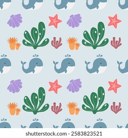 Sea animals seamless pattern background. Marine animals illustration pattern. Sea life background. Perfect for fashion clothes, shirt, fabrics, textiles, wallpaper, decor, print, packaging