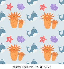 Sea animals seamless pattern background. Marine animals illustration pattern. Sea life background. Perfect for fashion clothes, shirt, fabrics, textiles, wallpaper, decor, print, packaging