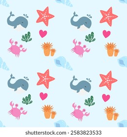 Sea animals seamless pattern background. Marine animals illustration pattern. Sea life background. Perfect for fashion clothes, shirt, fabrics, textiles, wallpaper, decor, print, packaging