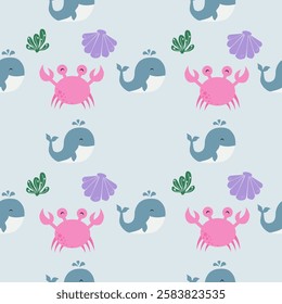 Sea animals seamless pattern background. Marine animals illustration pattern. Sea life background. Perfect for fashion clothes, shirt, fabrics, textiles, wallpaper, decor, print, packaging