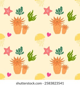 Sea animals seamless pattern background. Marine animals illustration pattern. Sea life background. Perfect for fashion clothes, shirt, fabrics, textiles, wallpaper, decor, print, packaging