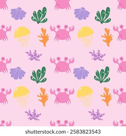 Sea animals seamless pattern background. Marine animals illustration pattern. Sea life background. Perfect for fashion clothes, shirt, fabrics, textiles, wallpaper, decor, print, packaging