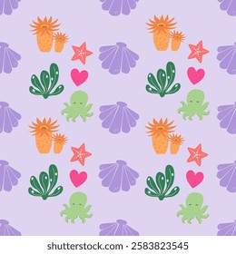 Sea animals seamless pattern background. Marine animals illustration pattern. Sea life background. Perfect for fashion clothes, shirt, fabrics, textiles, wallpaper, decor, print, packaging