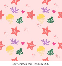 Sea animals seamless pattern background. Marine animals illustration pattern. Sea life background. Perfect for fashion clothes, shirt, fabrics, textiles, wallpaper, decor, print, packaging