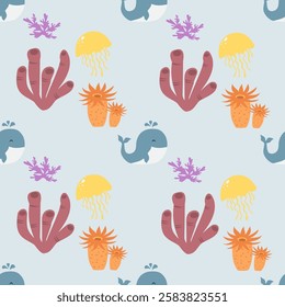 Sea animals seamless pattern background. Marine animals illustration pattern. Sea life background. Perfect for fashion clothes, shirt, fabrics, textiles, wallpaper, decor, print, packaging