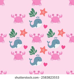 Sea animals seamless pattern background. Marine animals illustration pattern. Sea life background. Perfect for fashion clothes, shirt, fabrics, textiles, wallpaper, decor, print, packaging